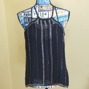 XOXO Womens Embellished Sheer Beaded Sleeveless Black Blouse Top Size M